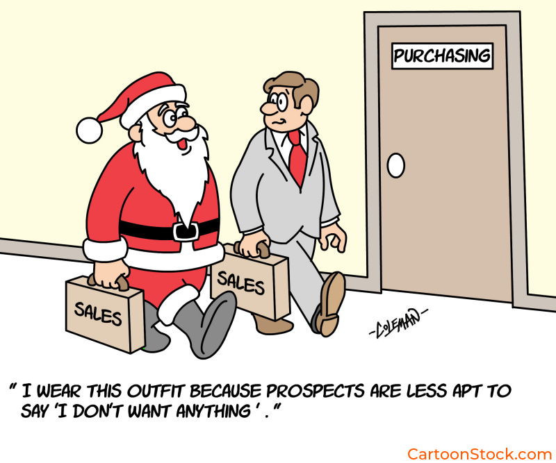 Christmas cartoon, salesman cartoon, Santa Claus cartoon, business cartoon, sales cartoon