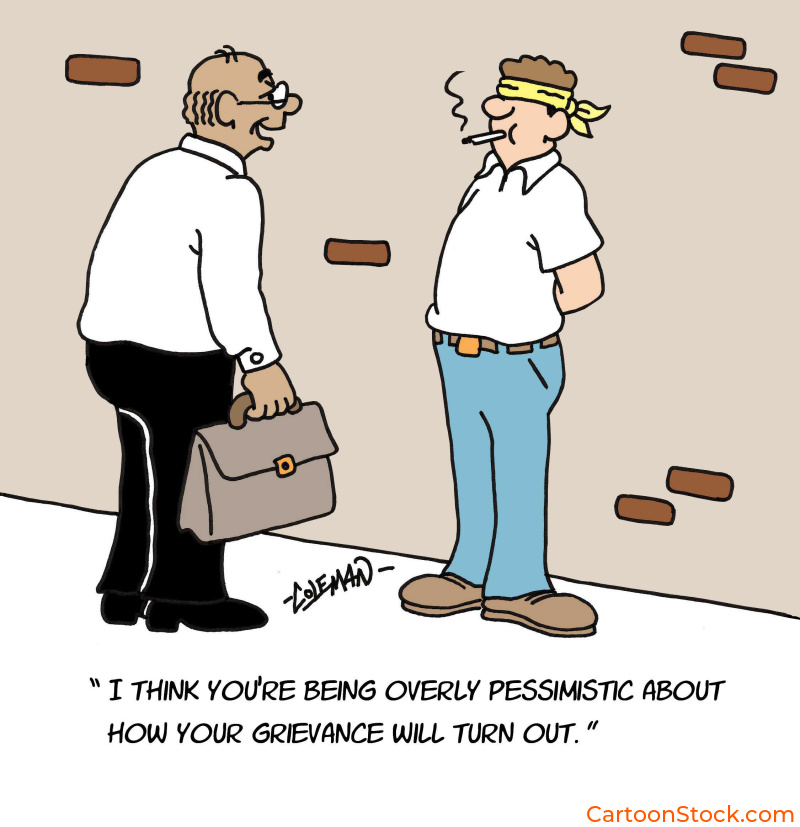 cartoon about
a union employee concerned about how his grievance will turn out