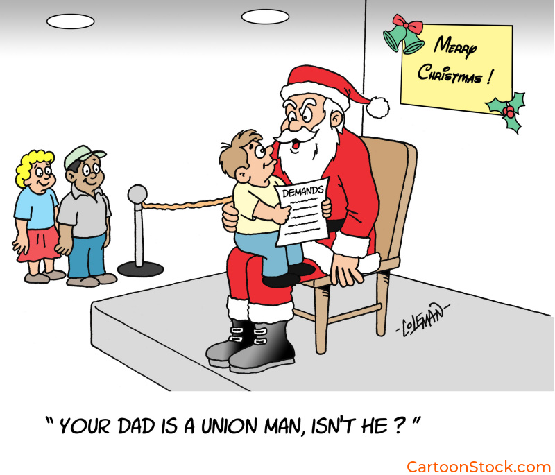 Christmas cartoons, Santa Claus, holidays, unions, trade unions, union demands, union negotiations, labor, kids