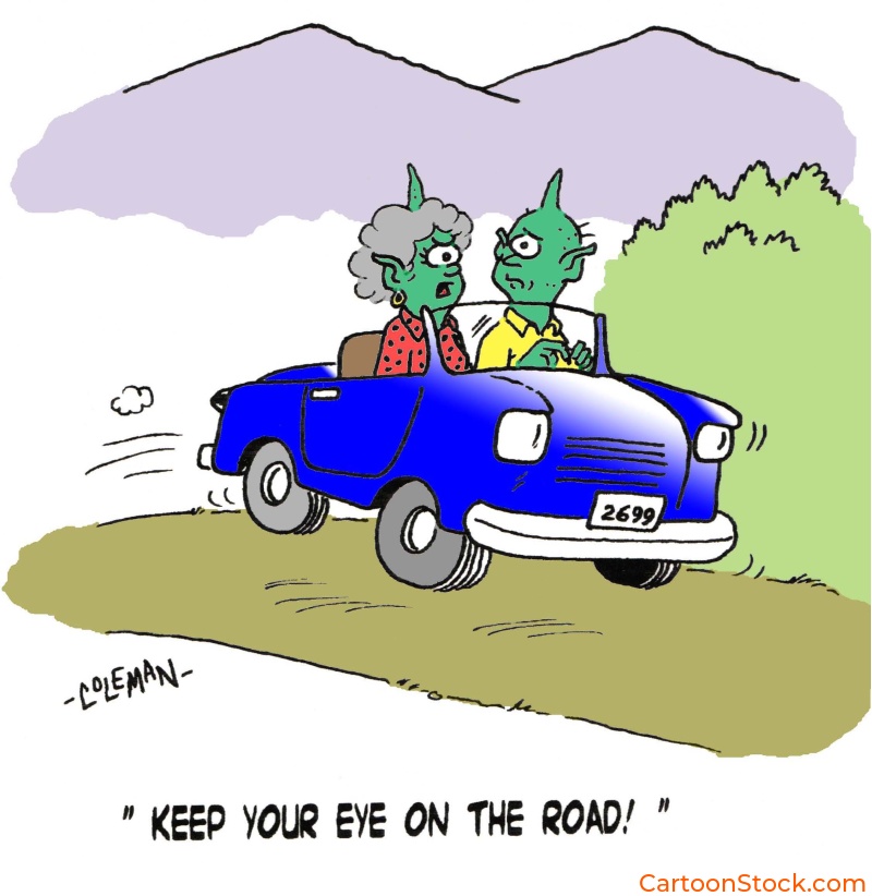 cartoon about
two space aliens driving a car