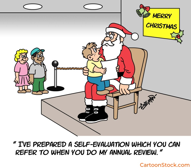Christmas cartoons, Santa Claus, holidays, self-evaluations, employee review, kids, job review, job performance 