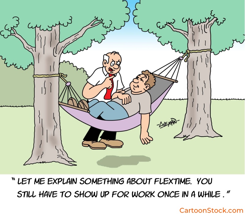 job cartoon, 
flextime cartoon, work attendance cartoon, hammock cartoon, relaxing cartoon