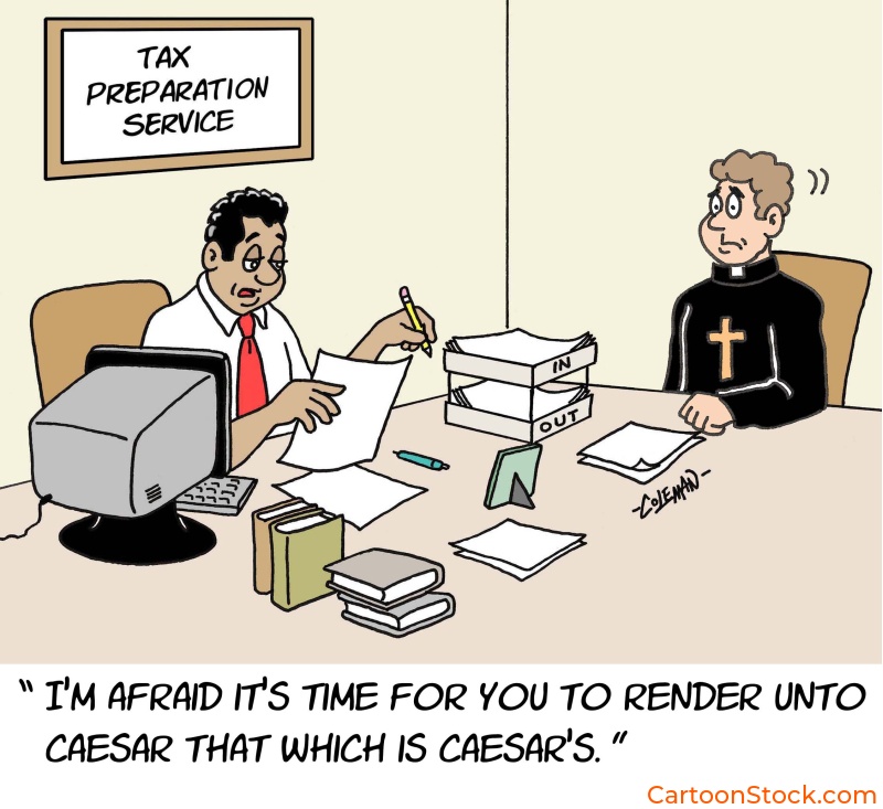 religion cartoon, religious cartoon, Bible cartoon, tax preparation cartoon, business deductions cartoon, priest cartoon,
church cartoon