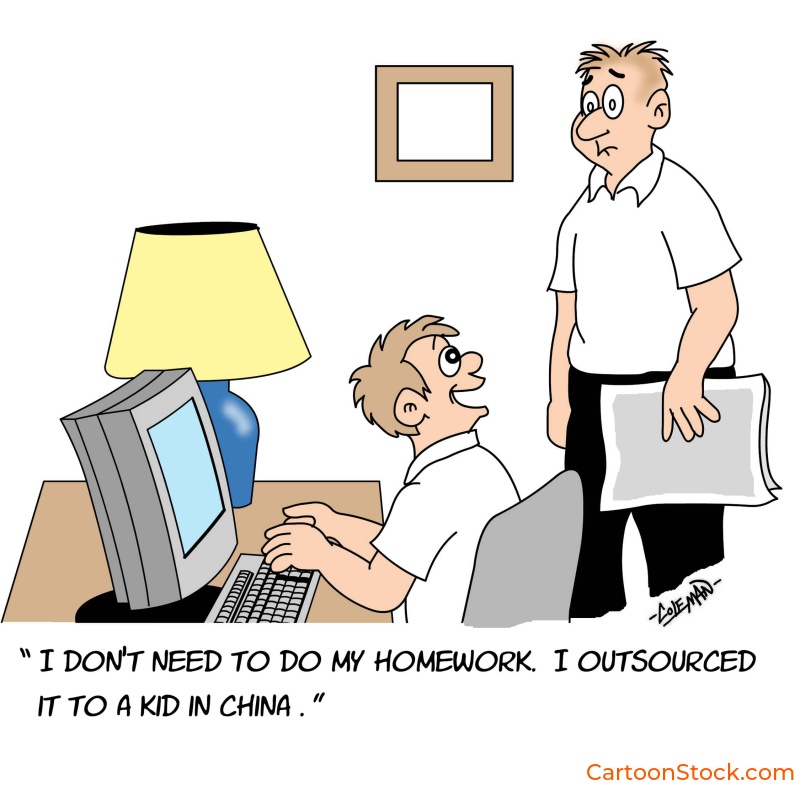 cartoon about
a kid who has outsourced his homework to a kid in China