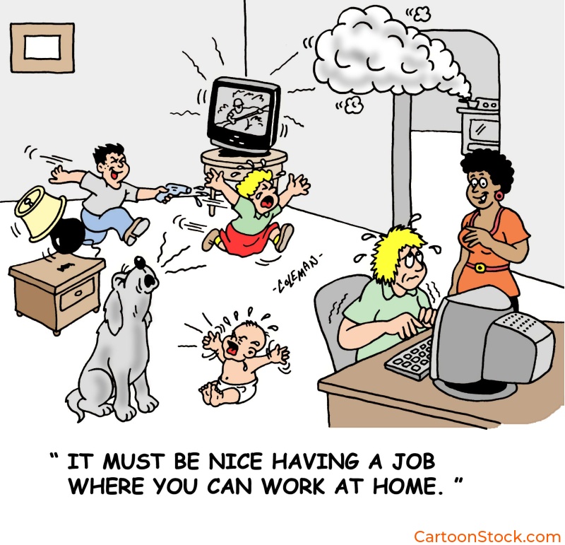 chaotic household cartoon, work at home cartoon, remote employment, job worked at home, noisy household, 
kids, family