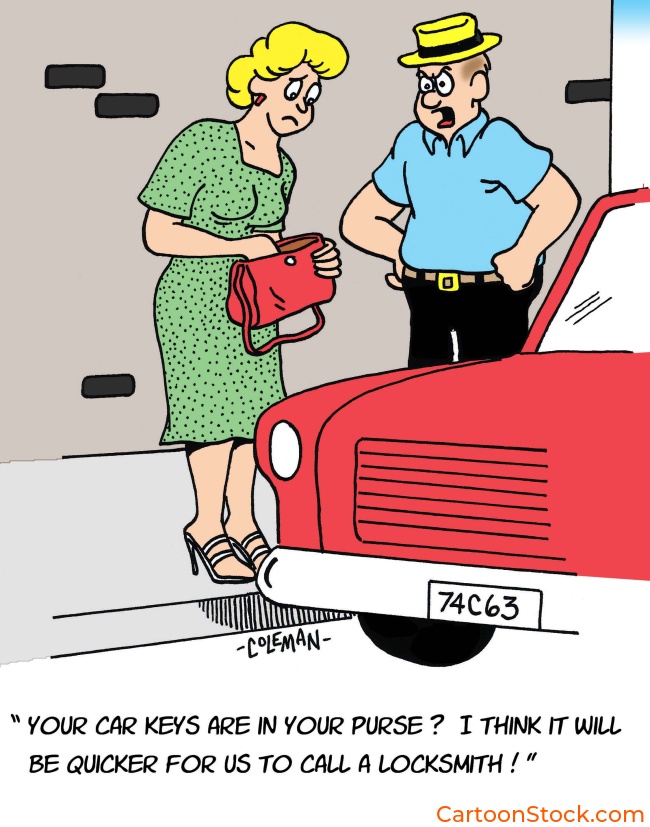 locksmith, car keys, woman's purse, automotive cartoons, cars, lost keys