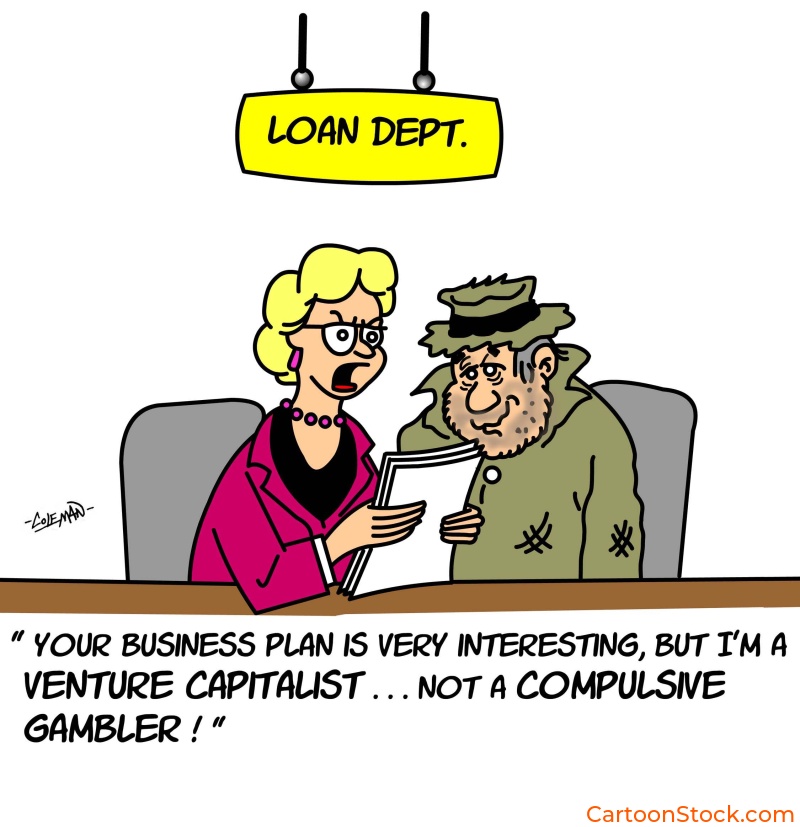 cartoons about bums, cartoons about hobos, investments cartoon, banking cartoon, finance cartoon, venture capital cartoon, loan application cartoons, financial advisor cartoon
