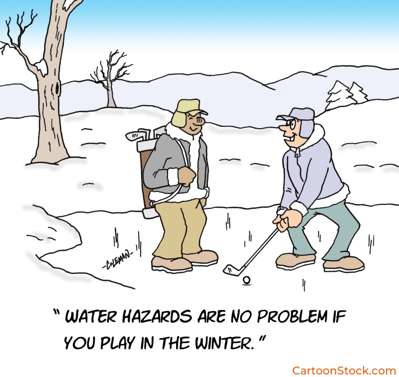 golf cartoons, 
sports, golf, winter, winter weather, winter activities, water hazards