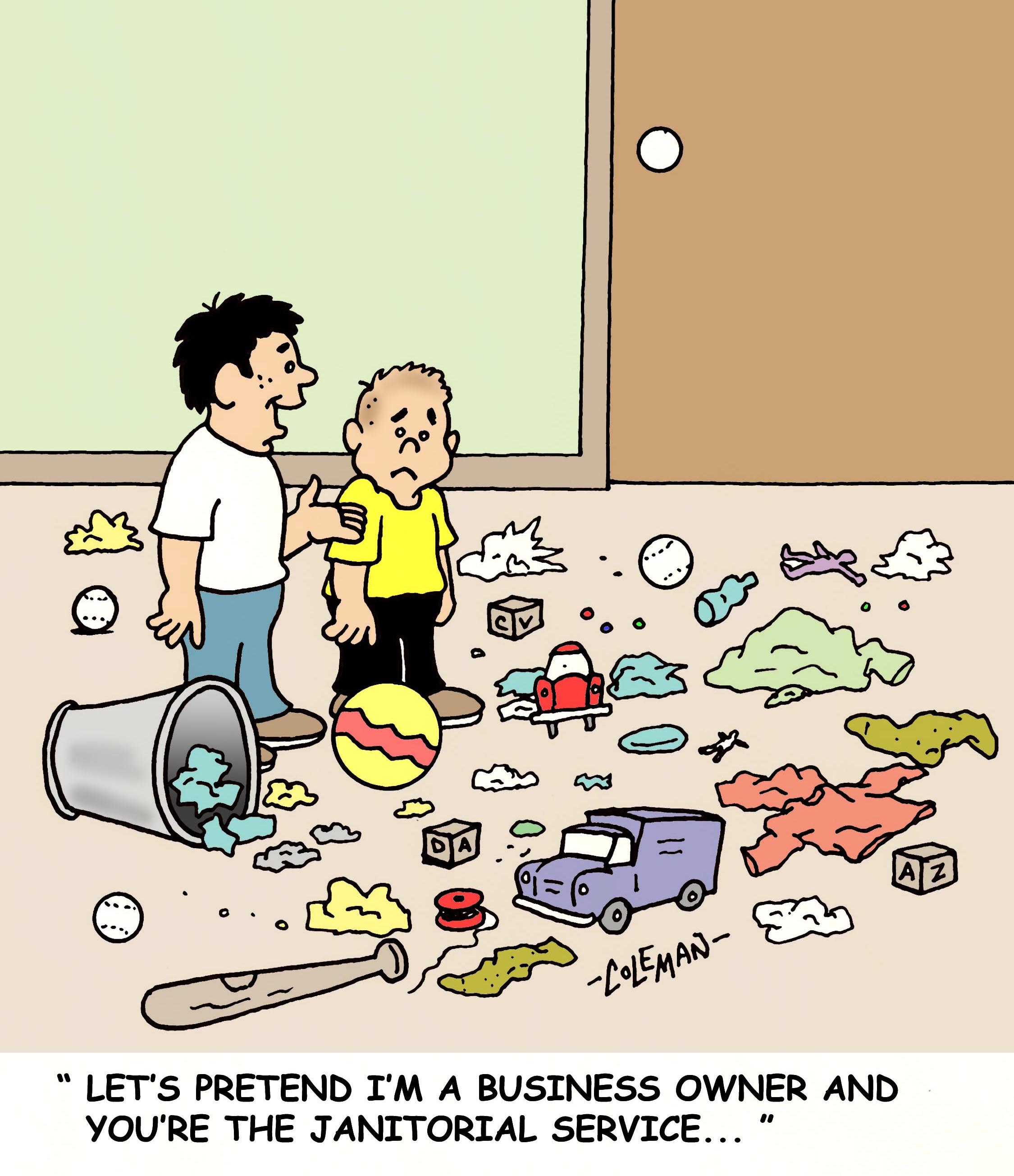 Stock gag cartoon about kids planning how to clean up their room
