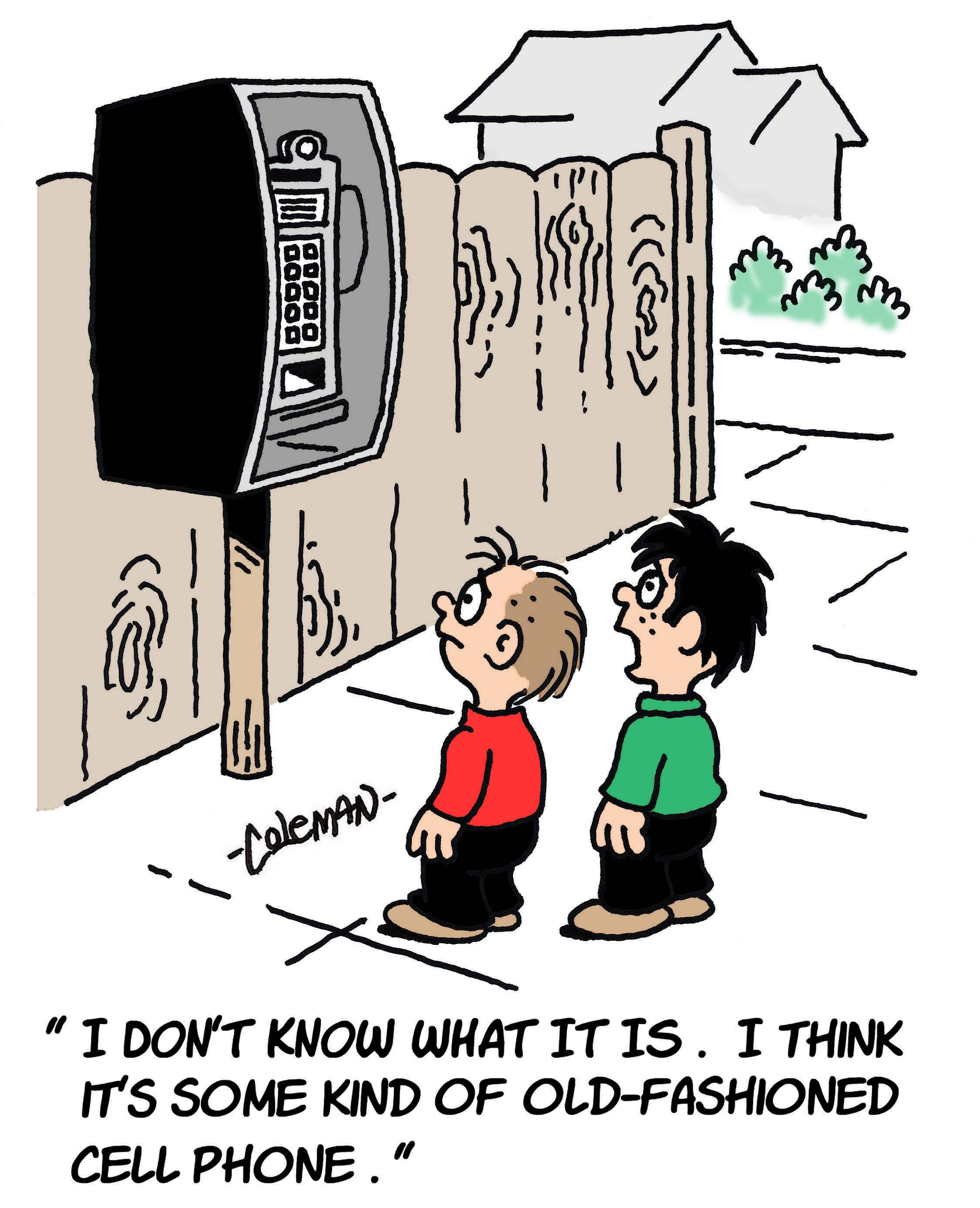 Stock gag cartoon about kids who don't understand what a pay phone is