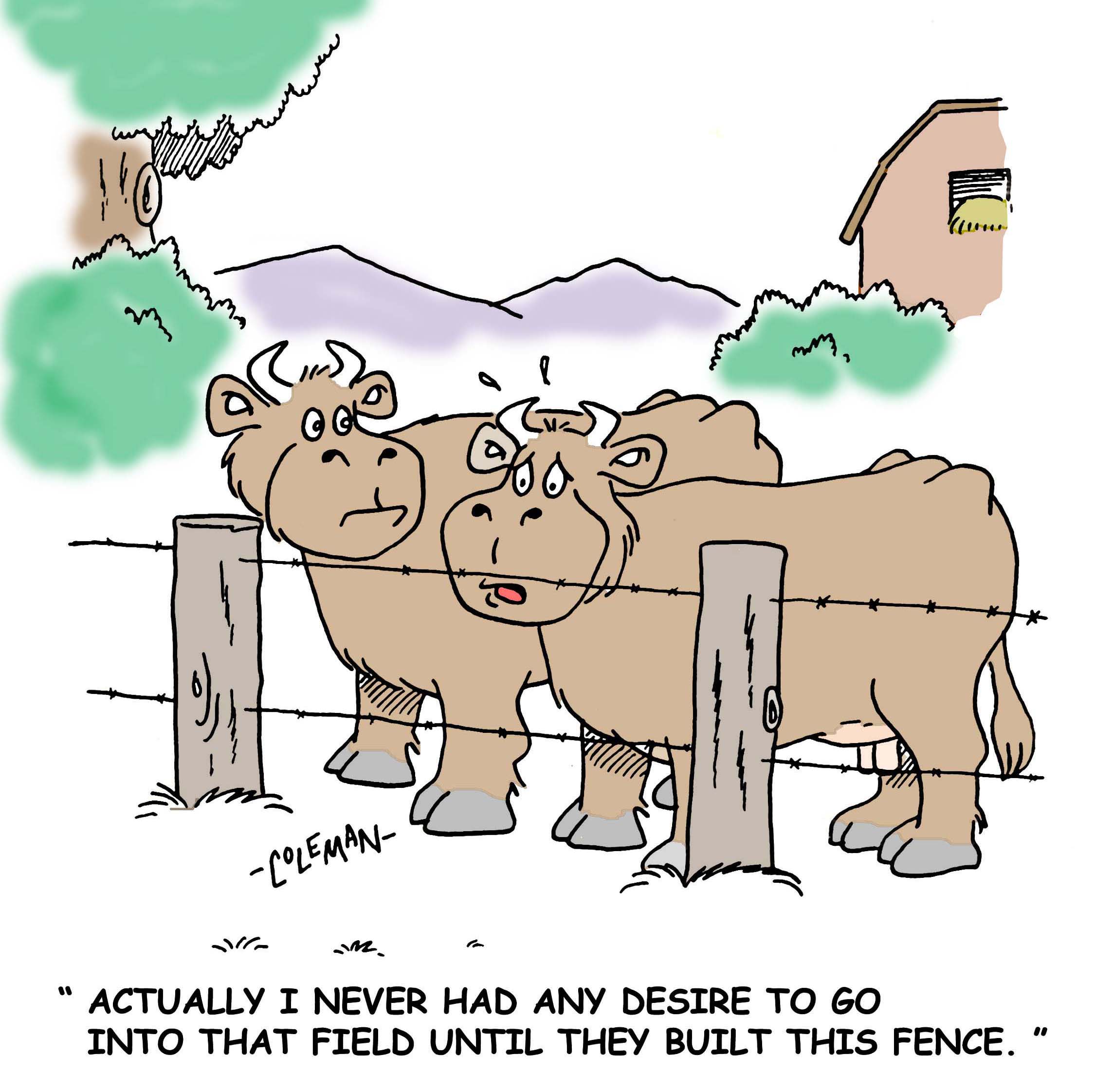Stock gag cartoon about cows wanting to graze in a field across a fence