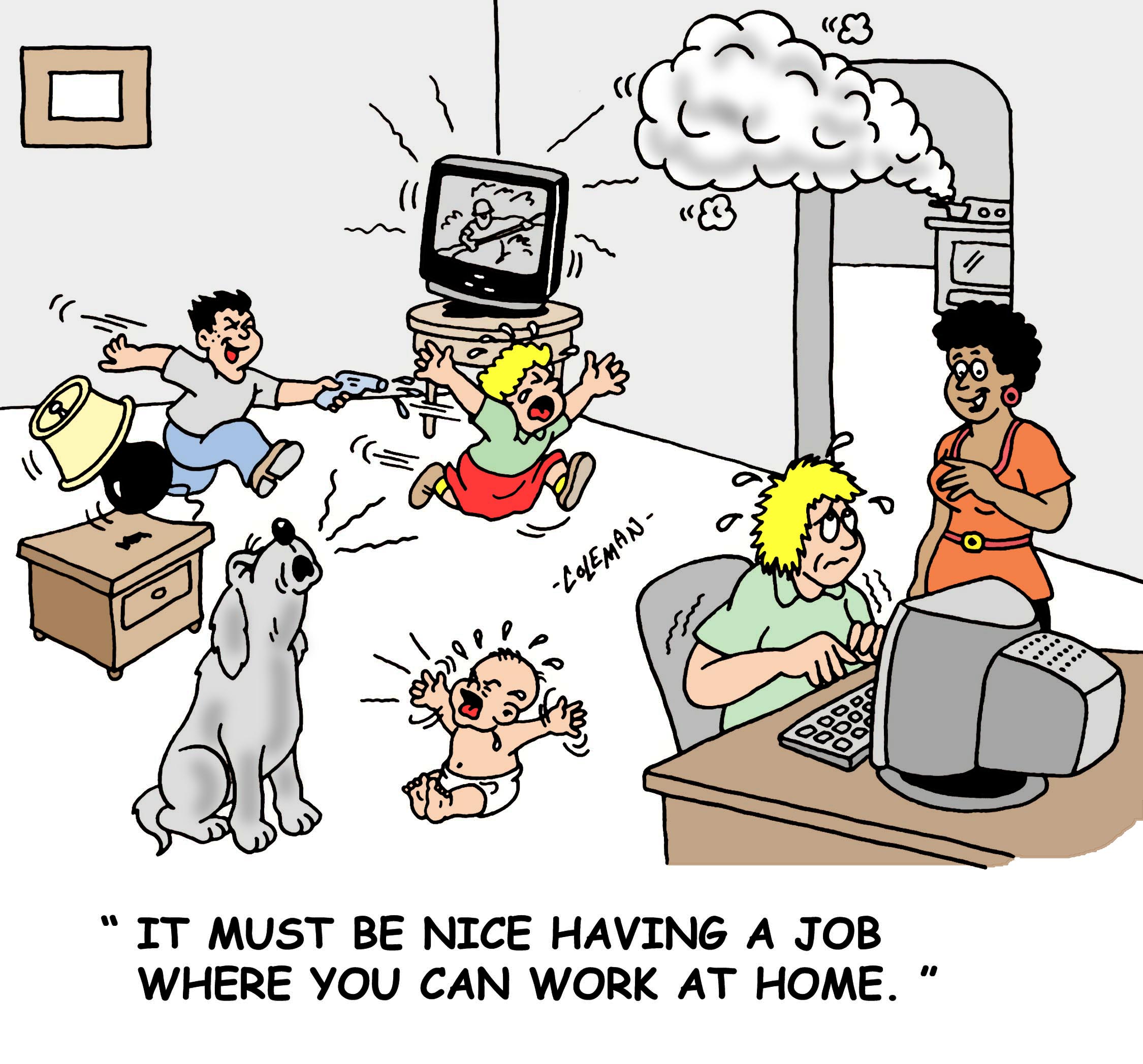 Stock gag cartoon about the disadvantages of working from home