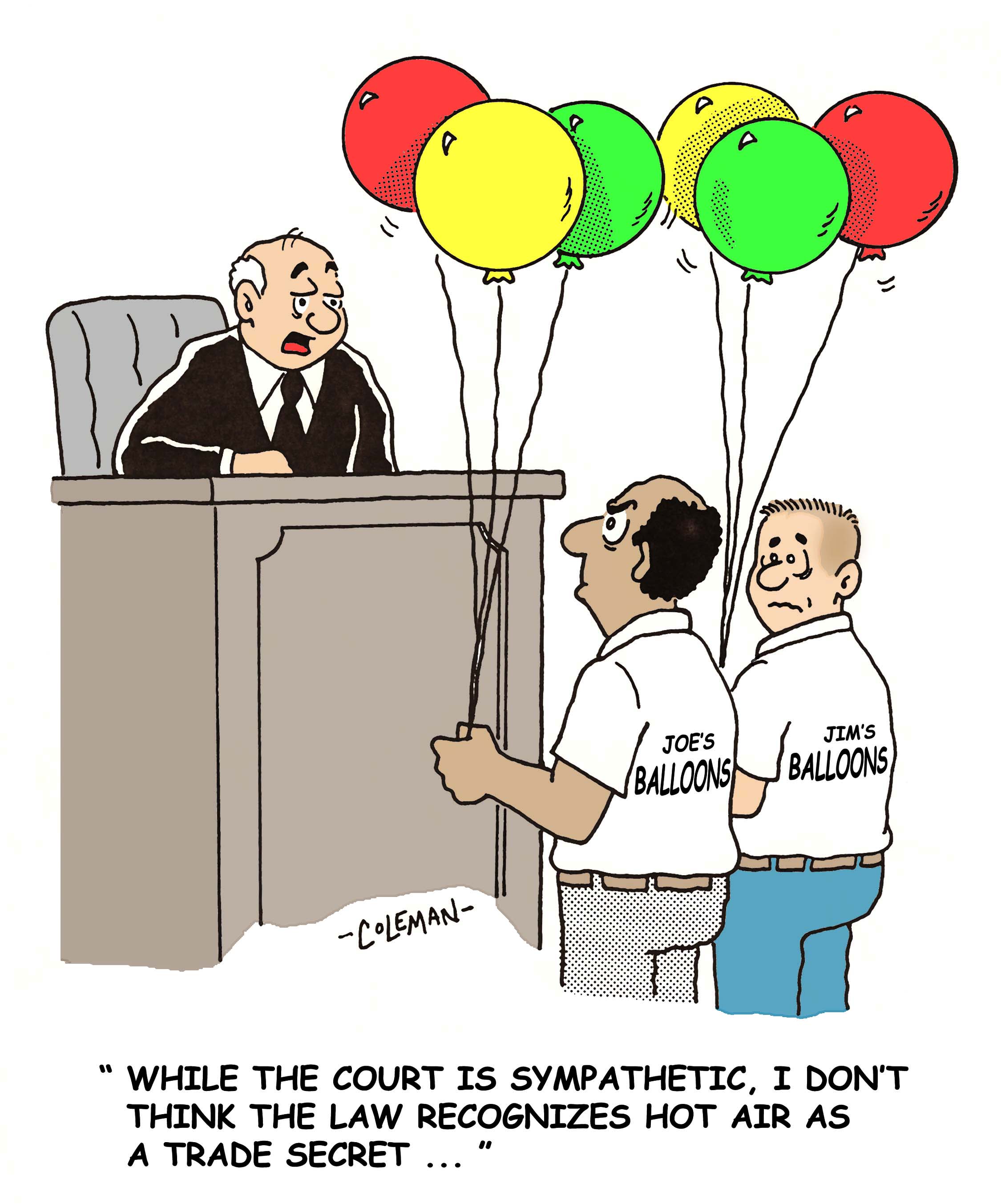 Stock gag cartoon about a court litigate claiming hot air is a trade secret